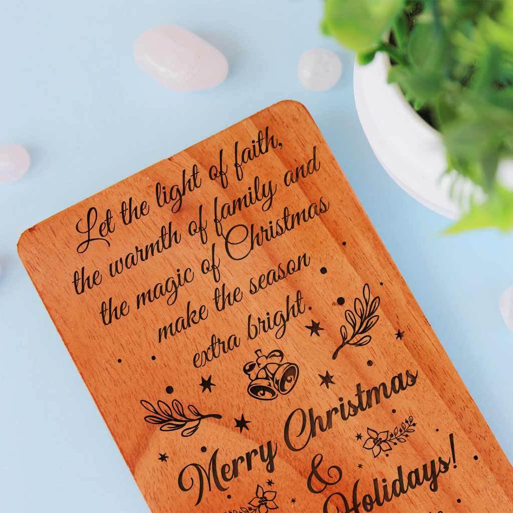 Let the light of faith, the warmth of family and the magic of Christmas make the season extra bright. Merry Christmas &amp; Happy Holidays! - Happy Holidays Cards. Set Of Wooden Cards. Personalized Holiday Cards &amp; Custom Holiday Cards engraved with season&#39;s greetings. Shop Greeting Cards Online.