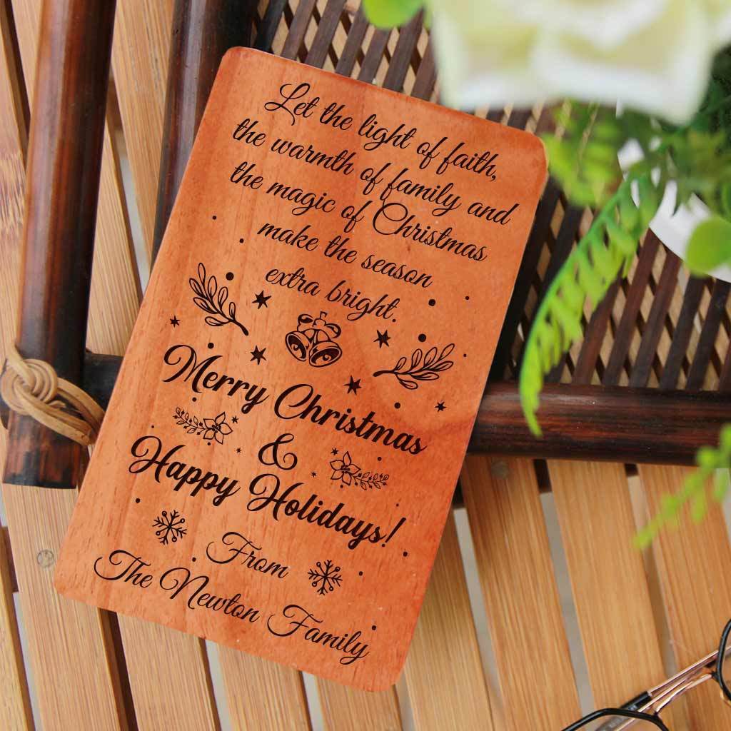 Let the light of faith, the warmth of family and the magic of Christmas make the season extra bright. Merry Christmas &amp; Happy Holidays! - Happy Holidays Cards. Set Of Wooden Cards. Personalized Holiday Cards &amp; Custom Holiday Cards engraved with season&#39;s greetings. Shop Greeting Cards Online.