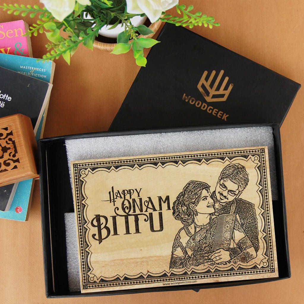 Wood Engraved Photo With Happy Onam Wishes Engraved On Wooden Poster. Looking for personalized gifts for Onam? This photo on wood makes the best Onam gifts.