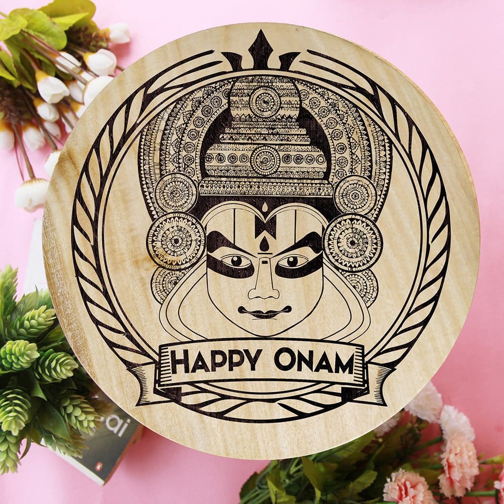 Happy Onam Wooden Poster. Kathakali Face Artwork For Onam. This Wooden Wall Art Is A Great Home Decor Accessory and One Of The Best Onam Gifts.