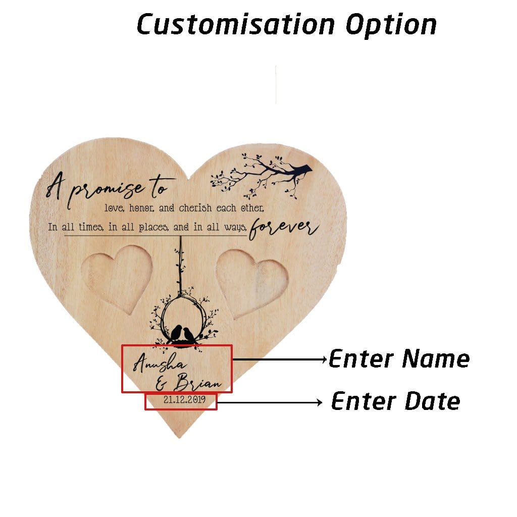 A Wooden Heart Shaped Ring Holder Engraved With Wedding Vow: A promise to love, honor, and cherish each other, in all times, in all places, and in all ways, forever. This Personalised Ring Tray Is Engraved With Couple Names &amp; Wedding Date. This wedding ring holder is one of the best wedding gifts or engagement gifts for couples.
