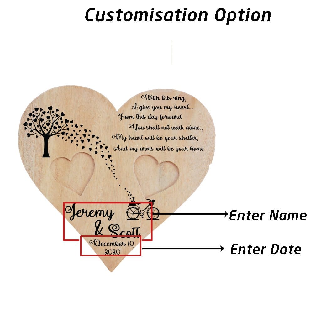Wooden Heart Shaped Ring Holder Engraved With A Love Quote: With this ring, I give you my heart...From this day forward, You shall not walk alone. My heart will be your shelter, And my arms will be your home. This Personalised Ring Tray Is Engraved With Couple Names &amp; Wedding Date. This engagement ring tray is one of the best engagement gifts for couples and wedding gifts.