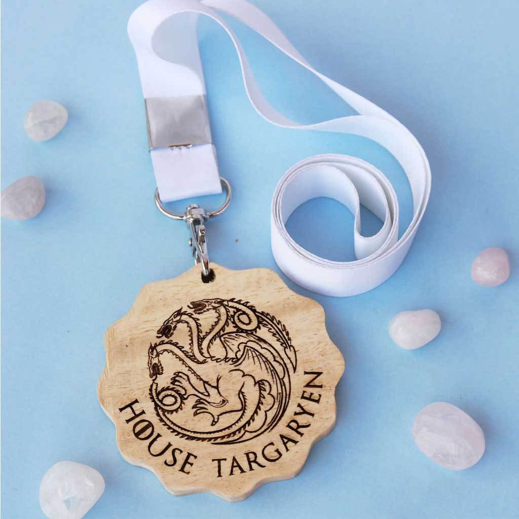 House Targaryen Engraved Medal. A unique award that makes great gifts for game of thrones fans. Buy House Targaryen sigil engraved custom medals online from The Woodgeek Store. 