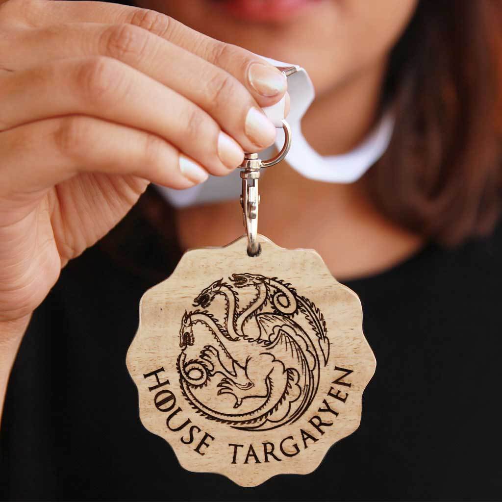 House Targaryen Engraved Medal. A unique award that makes great gifts for game of thrones fans. Buy House Targaryen sigil engraved custom medals online from The Woodgeek Store. 
