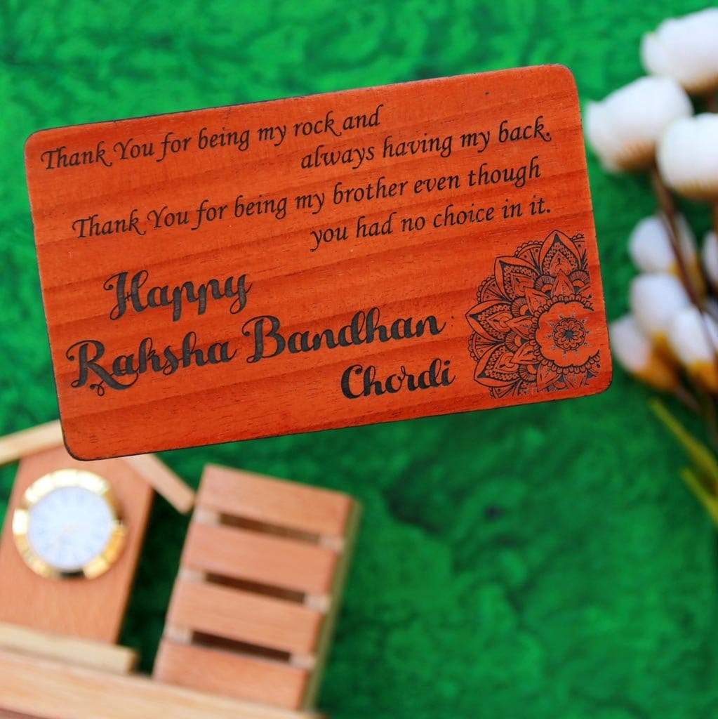 Set of 3 Wooden Rakhis & Wooden Greeting Cards. Personalised Rakhis and Raksha Bandhan Greetings Engraved on Rakhi Card. Buy Rakhi Online & Send Rakhi Online With Woodgeek Store