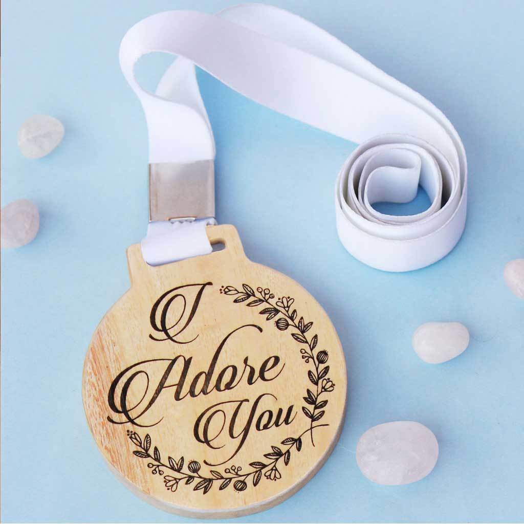 I Adore You Wooden Engraved Medal That Comes With A Ribbon - This Medal of Love is the Best Romantic Gift For Him or Her.
