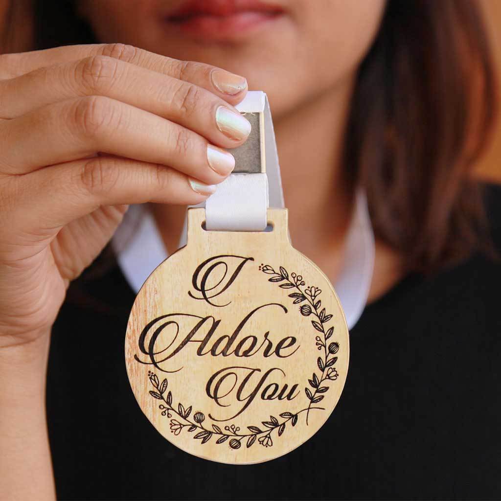 I Adore You Wooden Engraved Medal That Comes With A Ribbon - This Medal of Love is the Best Romantic Gift For Him or Her.