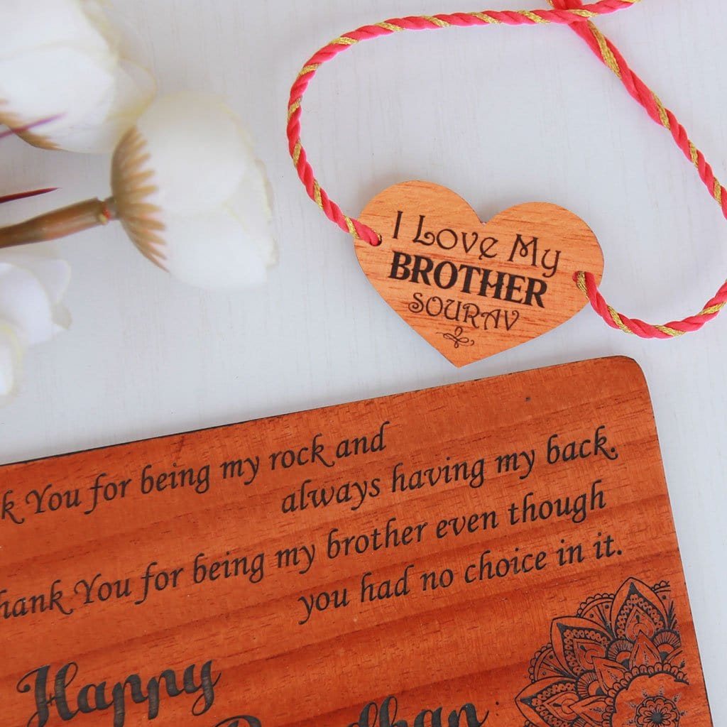 I Love My Brother Wooden Rakhi and Greeting Card. A Personalised Rakhi Engraved With Name and Rakhsha Bandhan Wishes Engraved On Greeting Card. Send Rakhi Online In India with Woodgeek Store