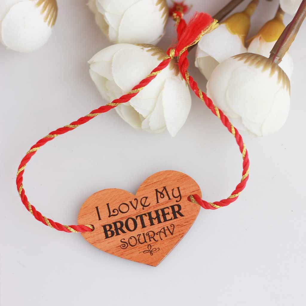 I Love My Brother Wooden Rakhi and Greeting Card. A Personalised Rakhi Engraved With Name and Rakhsha Bandhan Wishes Engraved On Greeting Card. Send Rakhi Online In India with Woodgeek Store