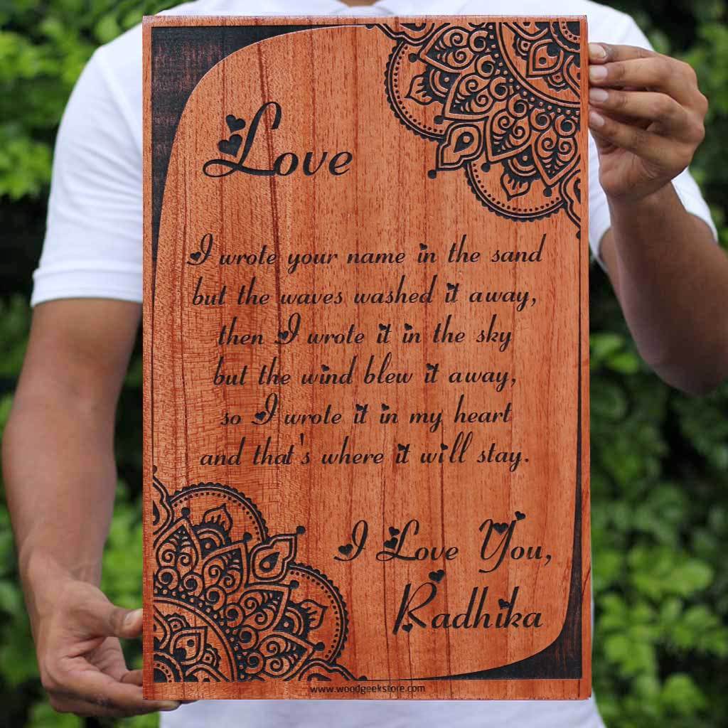 Love Saying Engraved On Wood - I wrote your name in the sand - Personalized Wood Carved Letter by Woodgeek Store