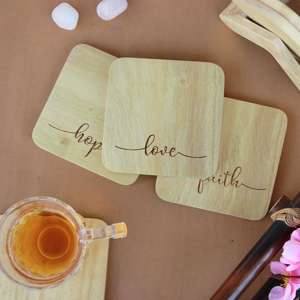 Inspirational Coasters. Love Hope Faith Coasters. Wooden Coaster Set. Best Inspirational Gifts and Home Decor Gifts. Looking for housewarming gifts? These tea coasters and coffee coasters are the best gifts. Buy Coasters Online at Woodgeek Store.