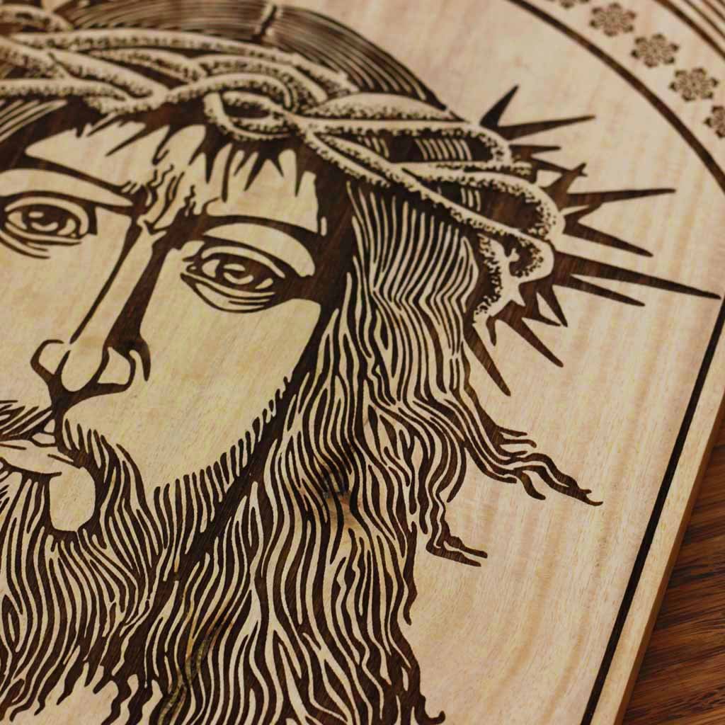 Wood Engraving - Jesus Christ in The Crown of Thorns Carved Wooden Poster by Woodgeek Store - Passion of Christ Wooden Artwork - Religious &amp; Spiritual Wood Wall Hanging - Buy Wood Wall Art Decor Online 