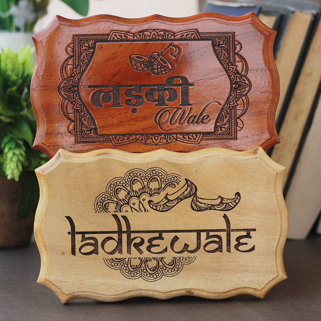 Ladkiwale / Ladkewale Carved Wooden Signs - Fun Wooden Wedding Signs for Indian Weddings - Decor for Bachelorette and Bachelor&#39;s party - Gifts for Bridesmaids &amp; Groomsmen - Rustic Wooden Decor For Weddings by Woodgeek Store