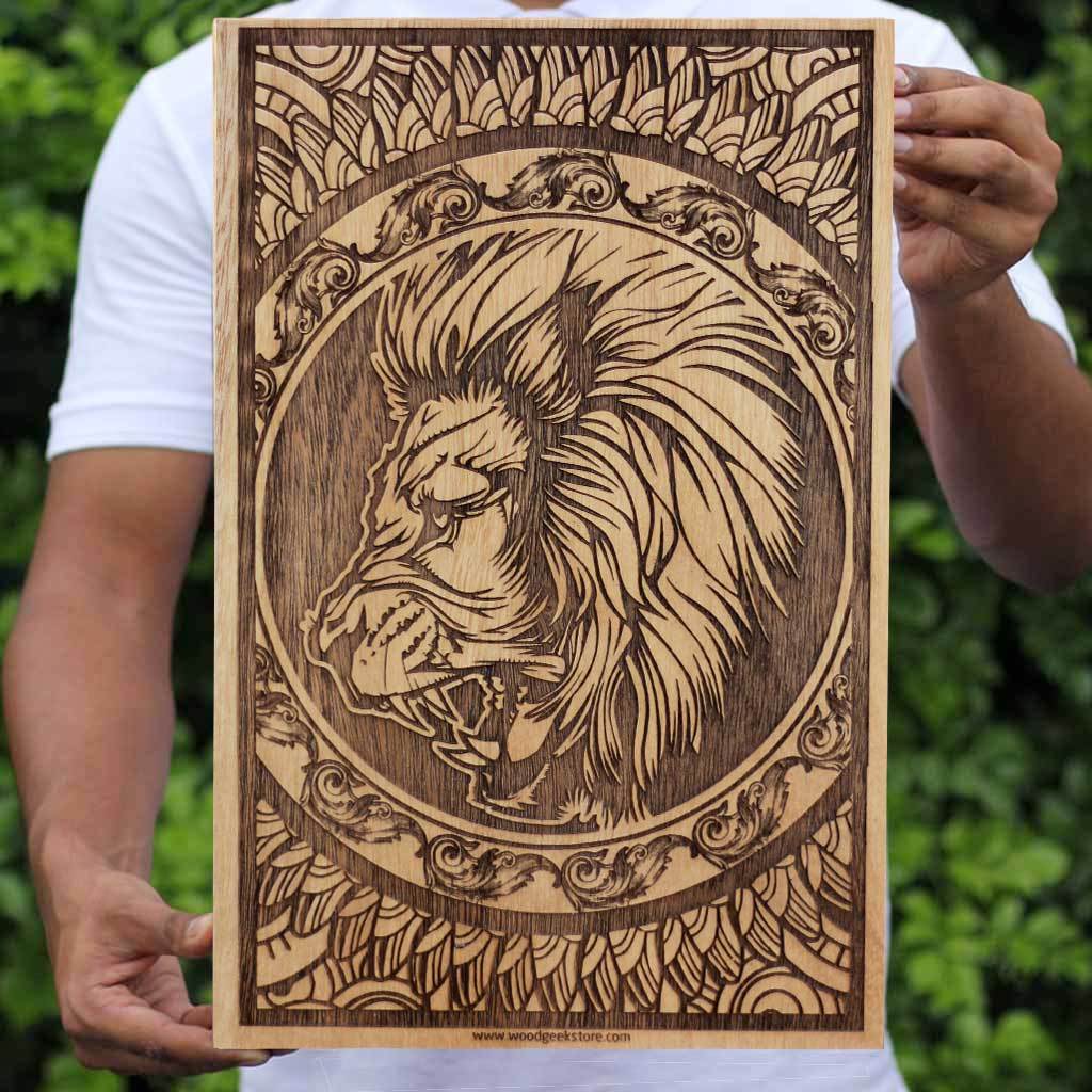 Leo The Lion Carved Wooden Poster by Woodgeek Store - Zodiac Sign Wooden Artwork - Zodiac Poster - Wood Poster - Buy Wood Wall Art Decor Online 