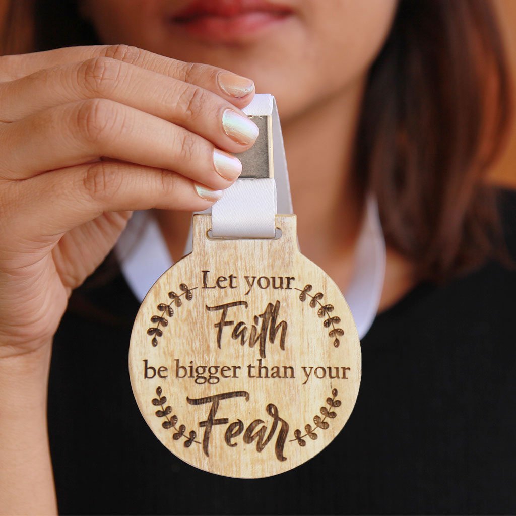 Let Your Faith Be Bigger Than Your Fear Wooden Medal. An Inspirational Gift For Friends and Family. Looking For More Inspirational Gifts? Order Medals Online From Woodgeek Store