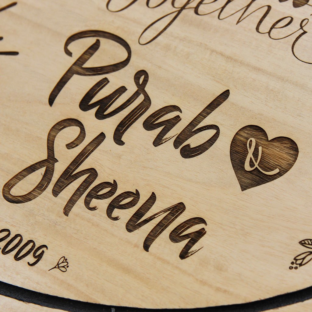 We Survived Funny Anniversary Wishes Engraved On Hanging Wooden Sign. This wood engraved photo is makes great photo gifts. This Personalized Wooden Plaque Is A Funny Anniversary Gift For Him And Her - These Hanging Name Signs Also Make Great Party Accessories For Anniversary Parties.