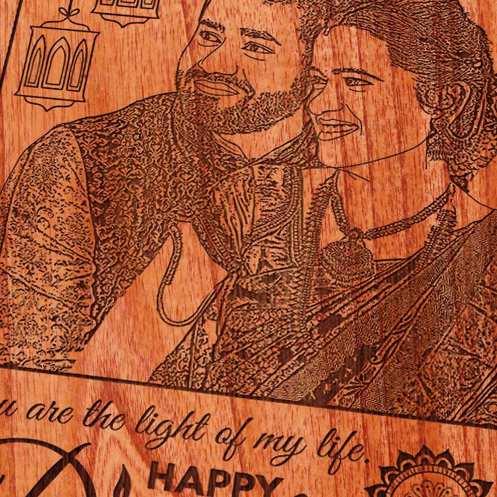 Photo On Wood Engraved With Diwali Wishes: You are the light of my life. Happy Diwali Gift. Wood engraved photo is a unique Diwali gift for girlfriend, Diwali gift for wife, Diwali gift for boyfriend or Diwali gift for husband. Looking for Diwali Gifts Online? This Wooden Plaque is The Best Photo Gift.