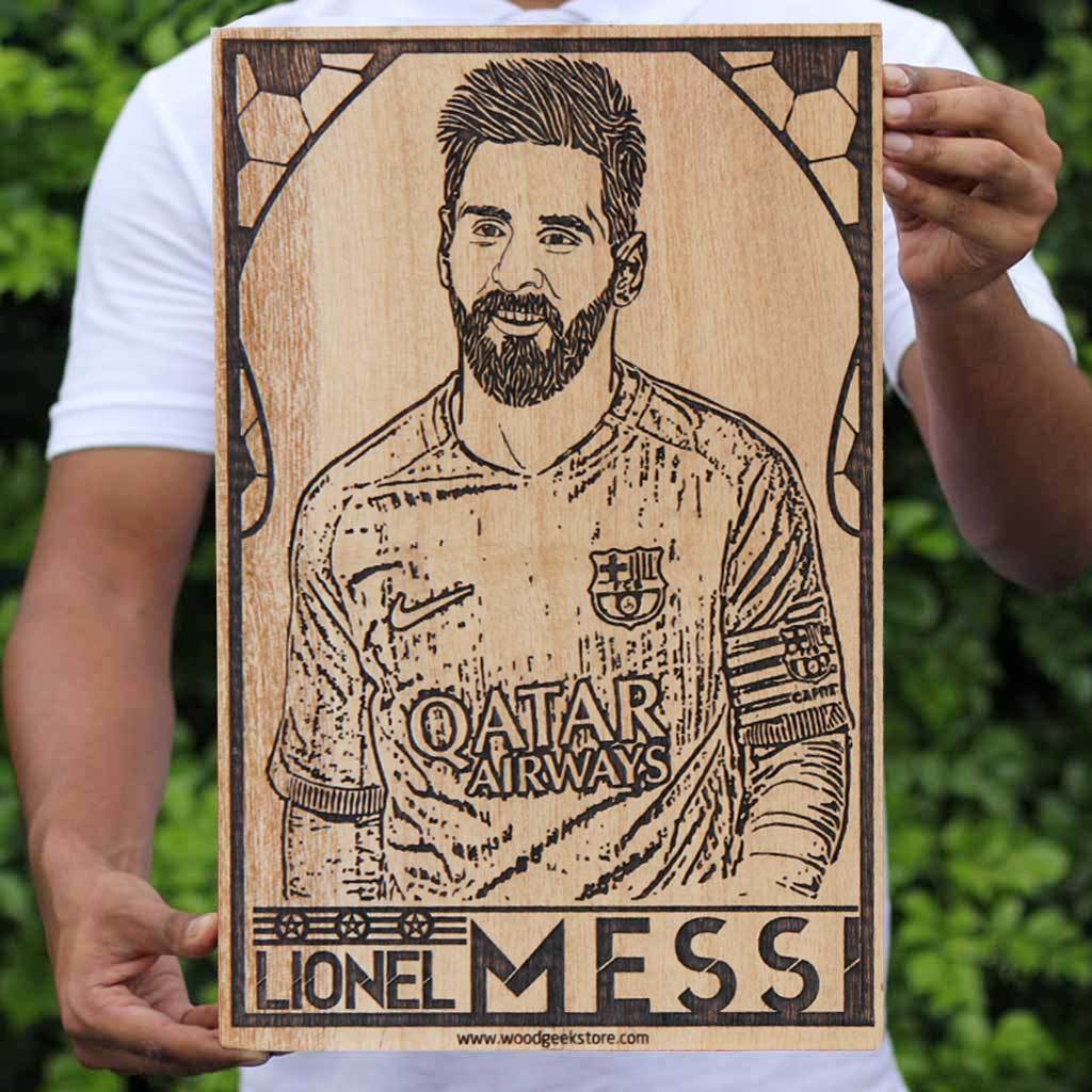 Lionel Messi Poster - Messi Wall Poster - Barcelona Soccer Wooden Poster - Gifts for Messi fans & football lovers by Woodgeek Store