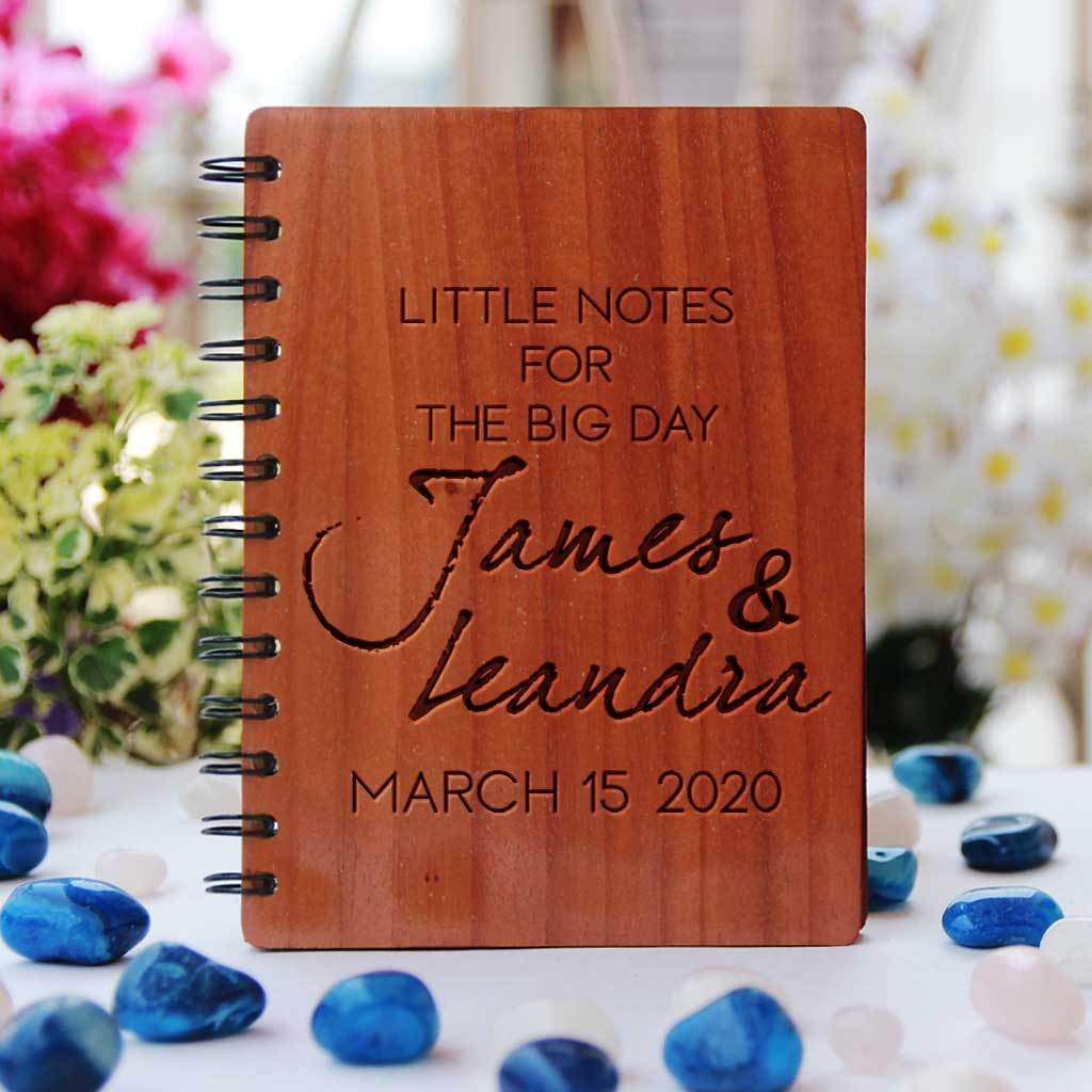 Little Notes For The Big Day Wedding Planner Book Engraved With Bride &amp; Groom&#39;s Names and Wedding Date. A Personalized Wedding Journal &amp; Notebook To Plan A Wedding. This Wooden Wedding Planner Notebook Is a Great Engagement Gift.