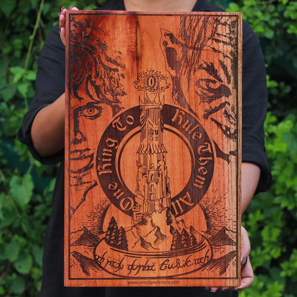 Lord of The Rings Carved Wooden Poster by Woodgeek Store - Tolkien One Ring Wood Art - Character Art Wooden Artwork - Movie Wood Wall Art Decor Online 