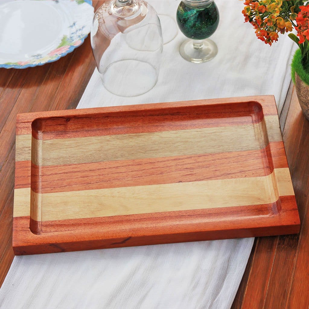 Mahogany & Birch Striped Wooden Tray - Wooden Serving Tray - Coffee Serving Tray - Bar & Cocktail Tray - Wooden Tea Tray - Wooden Food Trays - Small Wooden Tray - Decorative Wooden Serving Trays - Bed Serving Tray - Large Serving Tray - Rectangular Serving Tray - Kitchen Decor - Wooden Kitchen Accessories - Woodgeek Store