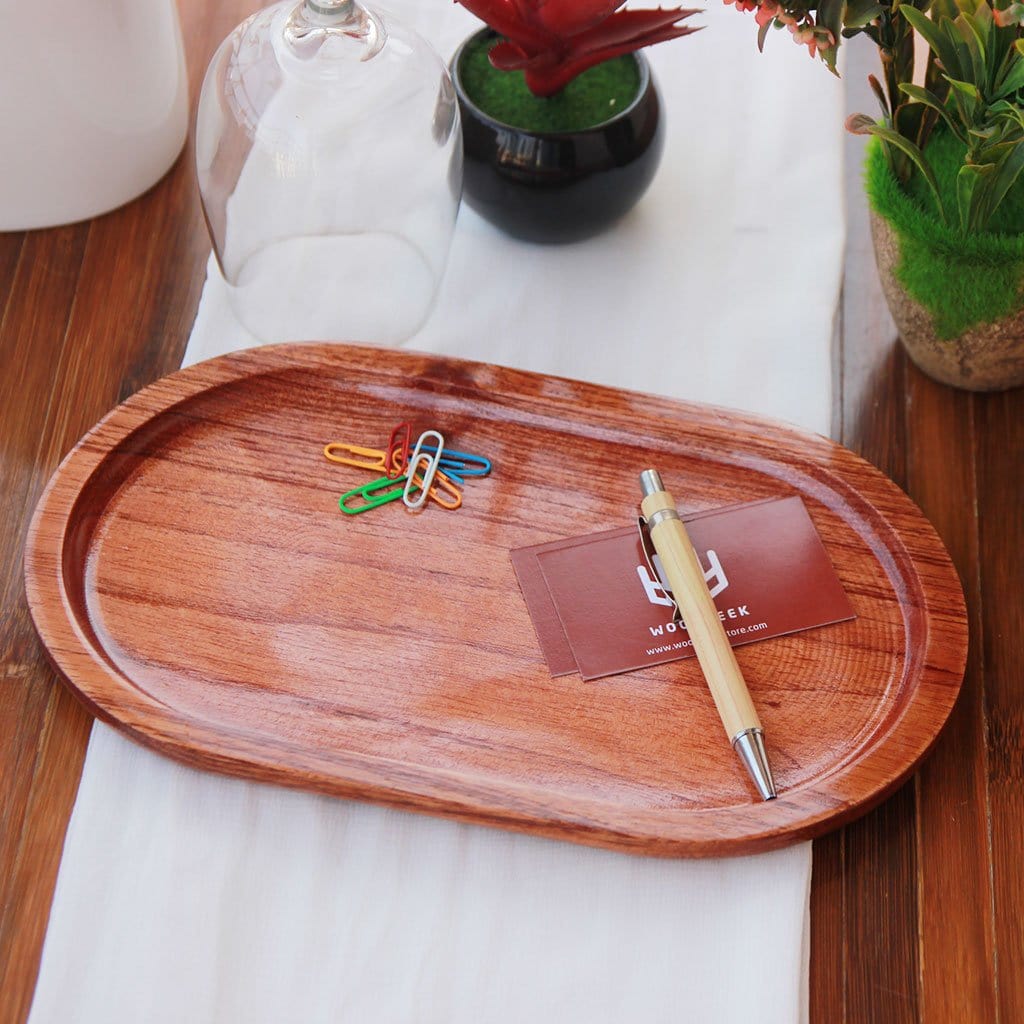 Oval Shaped Mahogany Wood Tray - A Decorative Wooden Tray to keep knick knacks like office essentials, keys and trinkets. This wooden tray can also be used as a serving tray for food and drinks