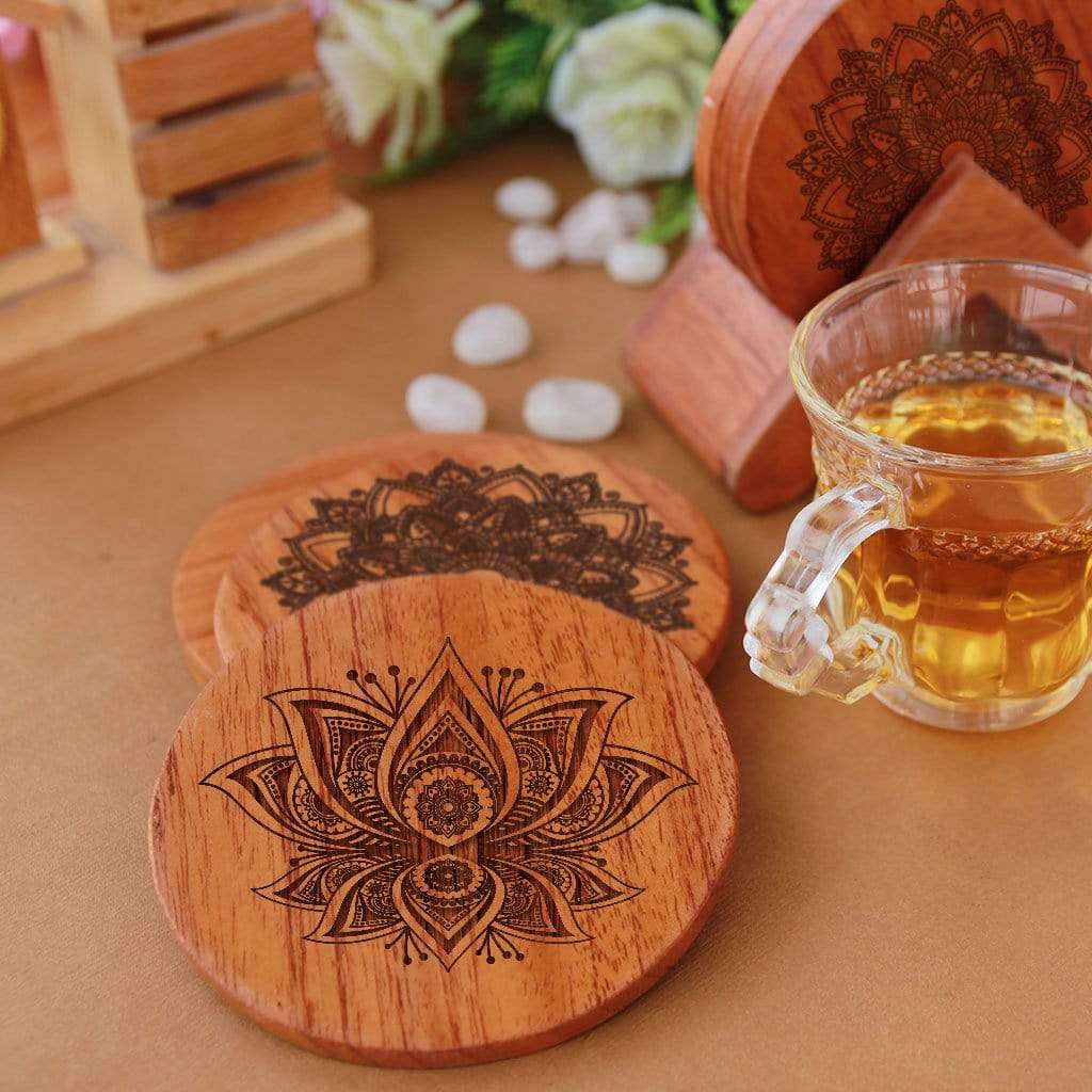 Mandala Coasters - Wooden Coasters Engraved With Mandala Designs. These Art Coasters Make Beautiful Table Coasters. These Wooden Coasters Come With A Wooden Coaster Holder. This Coaster Set Will Make Great Home Decor Gifts Or Housewarming Gifts.