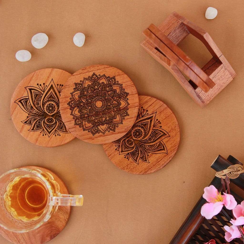 Mandala Coasters - Wooden Coasters Engraved With Mandala Designs. These Art Coasters Make Beautiful Table Coasters. These Wooden Coasters Come With A Wooden Coaster Holder. This Coaster Set Will Make Great Home Decor Gifts Or Housewarming Gifts.
