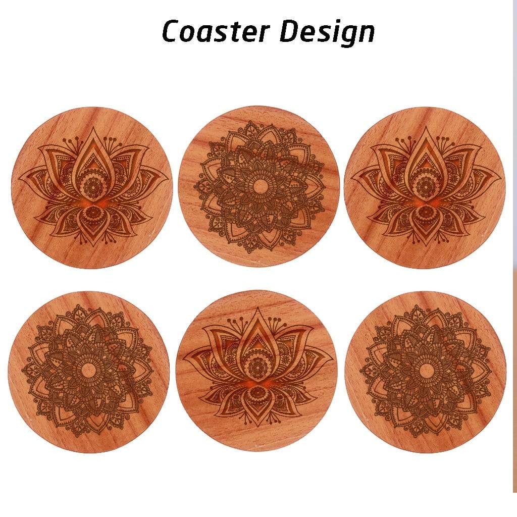 Mandala Coasters - Wooden Coasters Engraved With Mandala Designs. These Art Coasters Make Beautiful Table Coasters. These Wooden Coasters Come With A Wooden Coaster Holder. This Coaster Set Will Make Great Home Decor Gifts Or Housewarming Gifts.