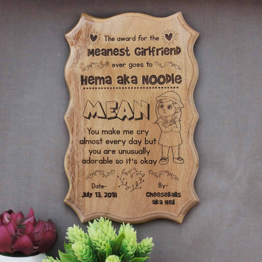 The Meanest Girlfriend Award Certificate. This Funny Certificate Is The Best Gift For Girlfriend. A Funny Gift For Your Funny Girlfriend. Buy unique gift for girlfriend from The Woodgeek Store