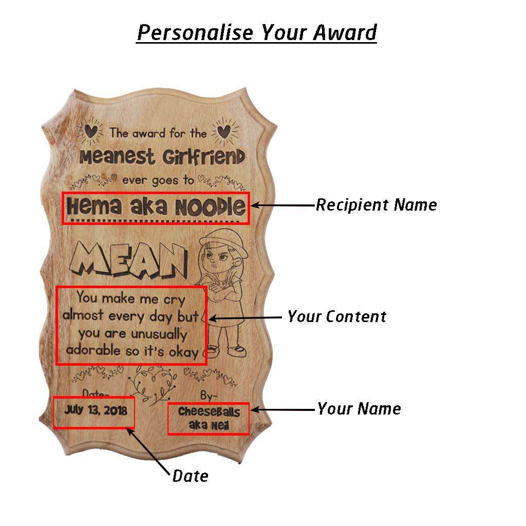 The Meanest Girlfriend Award Certificate. This Funny Certificate Is The Best Gift For Girlfriend. A Funny Gift For Your Funny Girlfriend. Buy unique gift for girlfriend from The Woodgeek Store