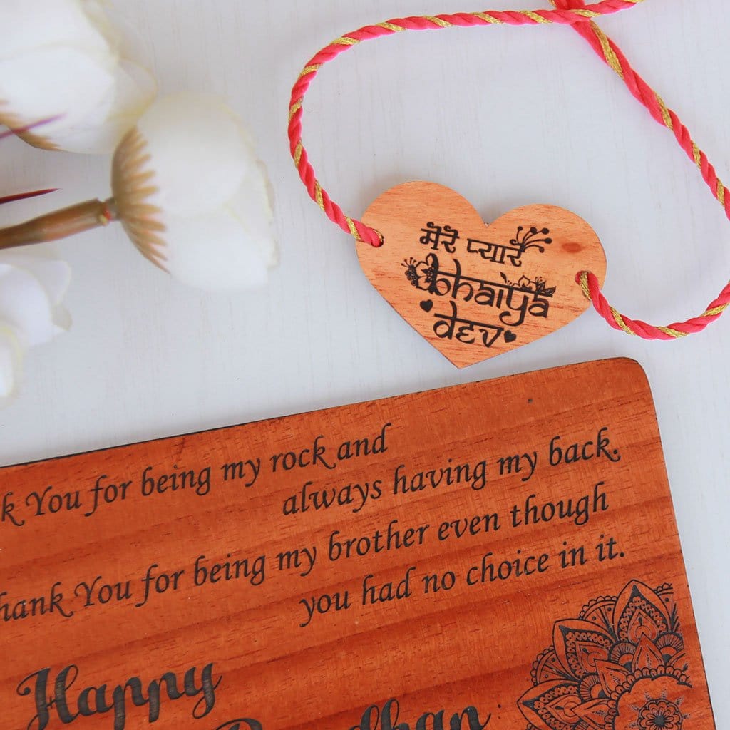Mere Pyare Bhaiya Wooden Personalised Rakhi and Raksha Bandhan Greeting Card - This Beautiful Rakhi and Wooden Greeting Card Makes One Of The Best Raksha Bandhan Gifts for Elder Brother - Buy Rakhi Online From The Woodgeek Store.