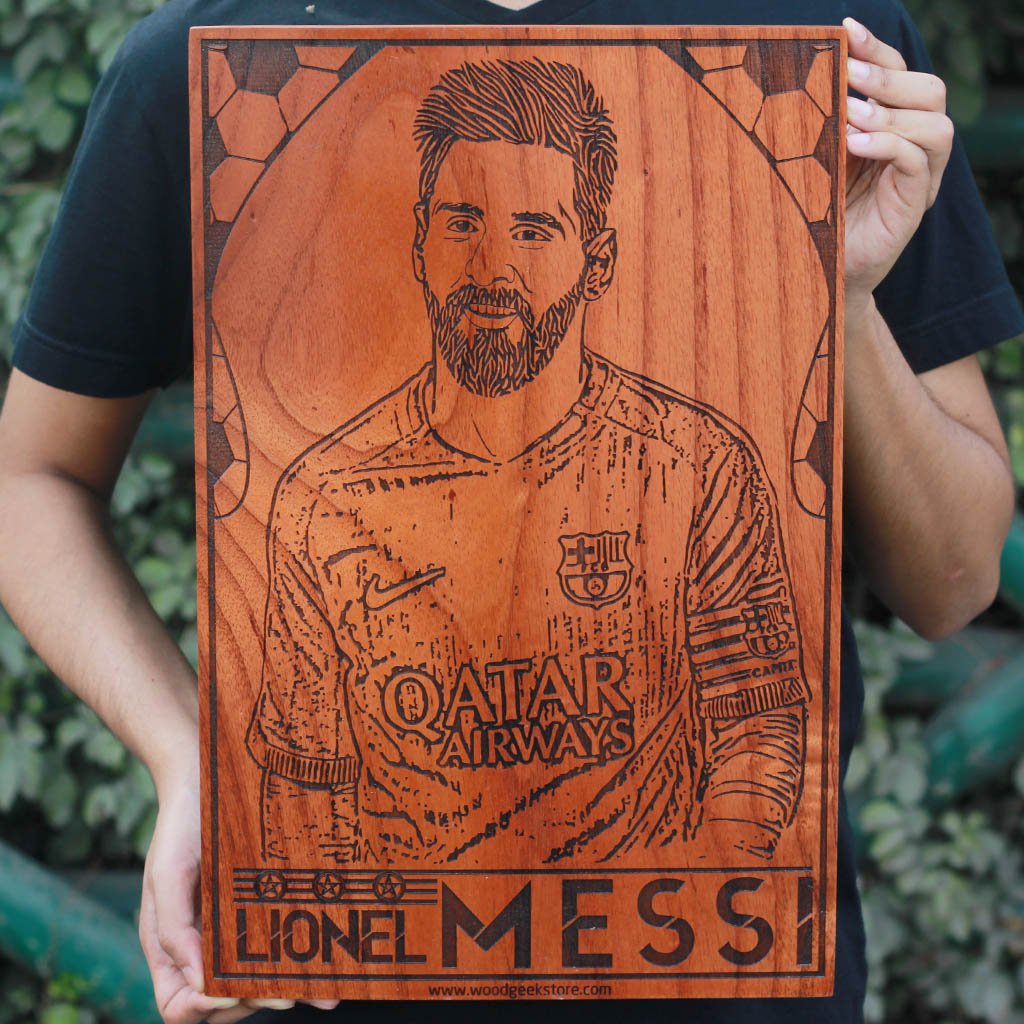Lionel Messi Poster - Messi Wall Poster - Barcelona Soccer Wooden Poster - Gifts for Messi fans &amp; football lovers by Woodgeek Store