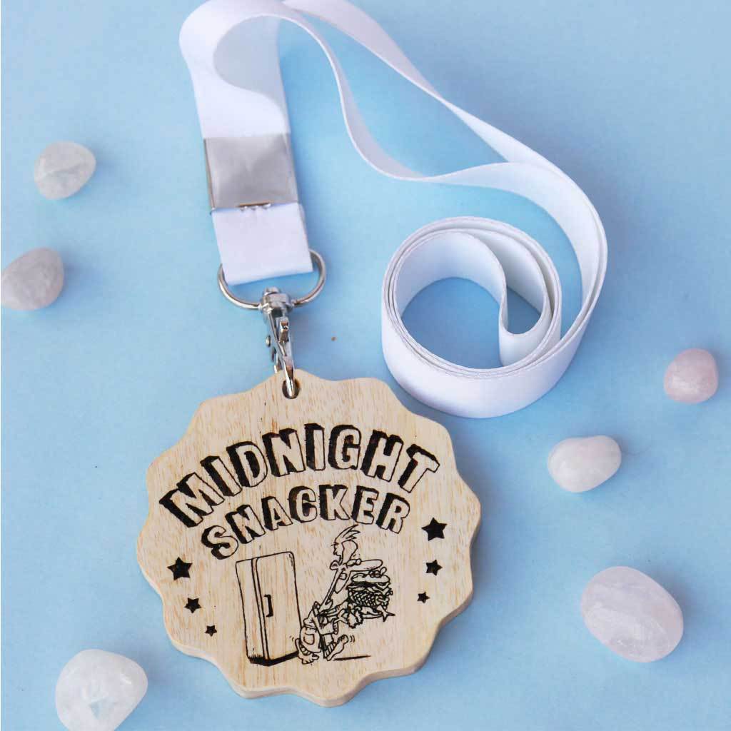 Midnight Snacker Funny Medal. This Custom Medal Is One Of The Best Funny Gifts For Foodies. Buy Unique Award Medals Online From The Woodgeek