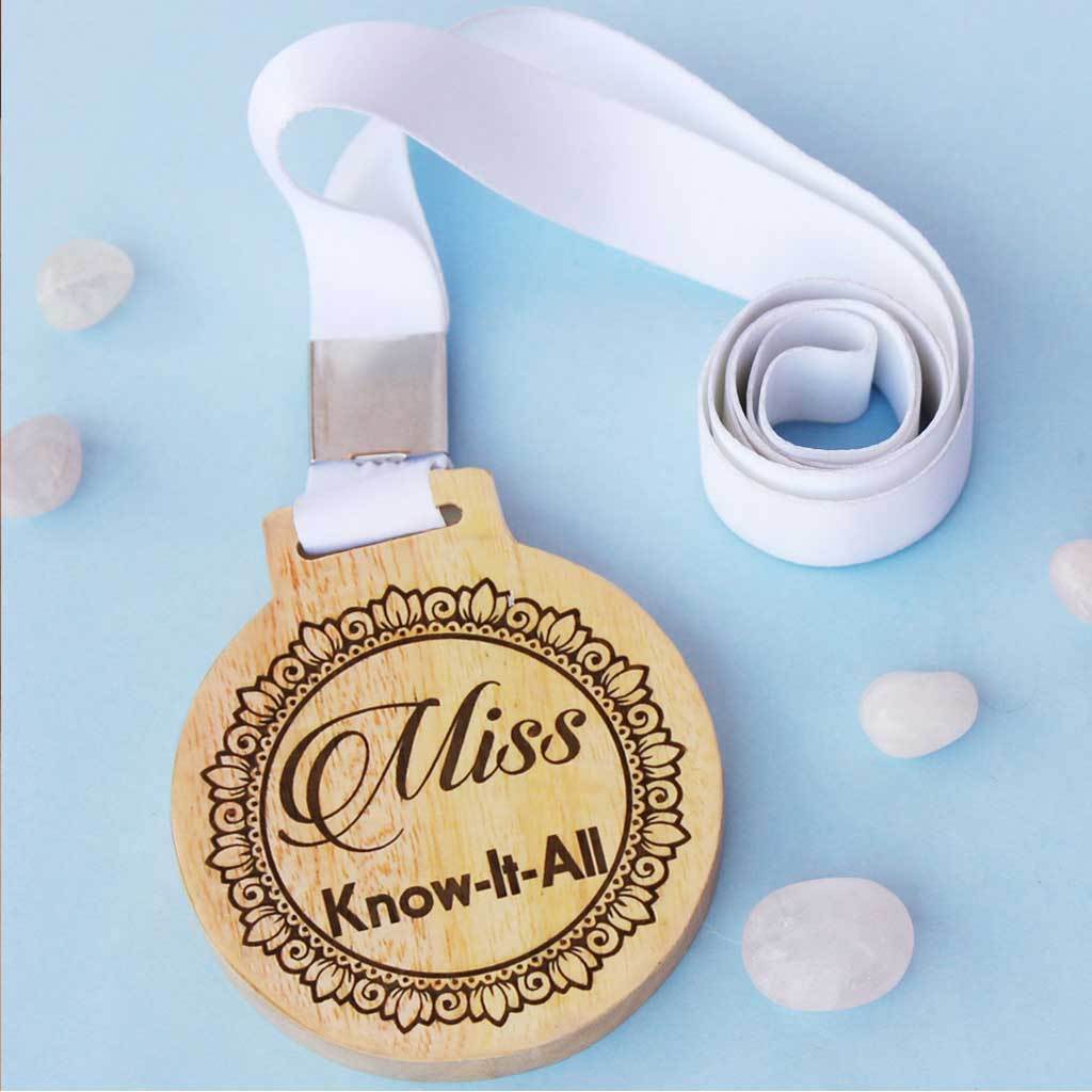 Miss Know It All Wooden Medal With Ribbon - This is a funny employee award and works well as office gifts for colleagues - This is also a funny gift idea for friends
