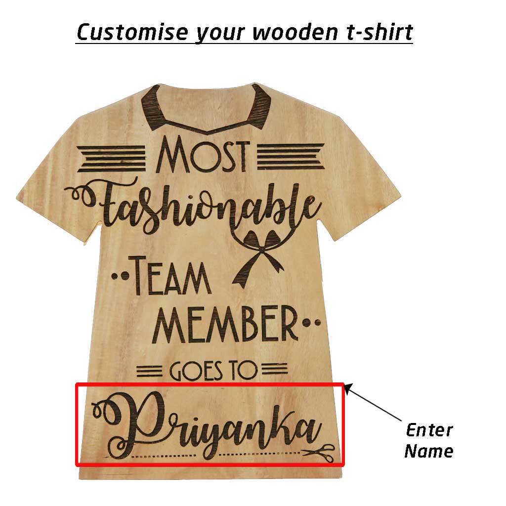 Most Fashionable Team Member Award Plaque In The Shape Of A T-shirt Personalised With A Name.