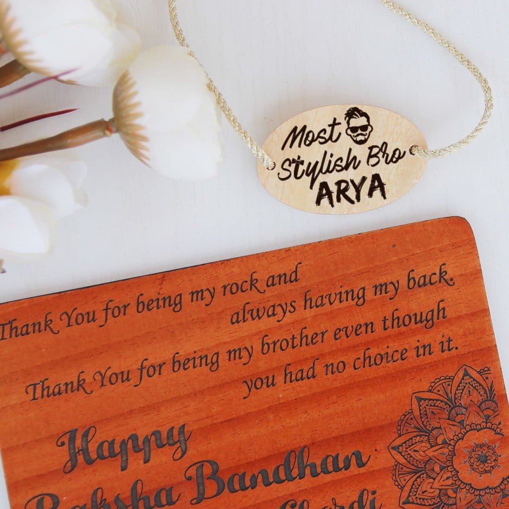 Most Stylish Bro Personalised Rakhi and Raksha Bandhan Greeting Card - This Wooden Rakhi and Wooden Greeting Card Is The Best Raksha Bandhan Gifts for Brother - Buy Rakhi Online India And Wish Your Brother/Sister a Happy Rakhi With Personalized Gifts From The Woodgeek Store.
