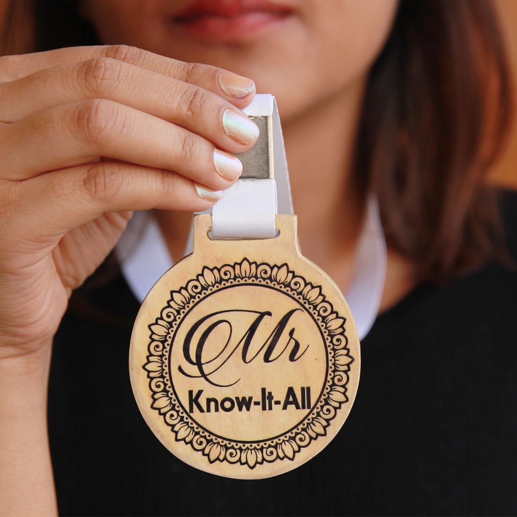 Miss Know It All Wooden Medal With Ribbon - This is a funny employee award and works well as office gifts for colleagues - This is also a funny gift idea for friends