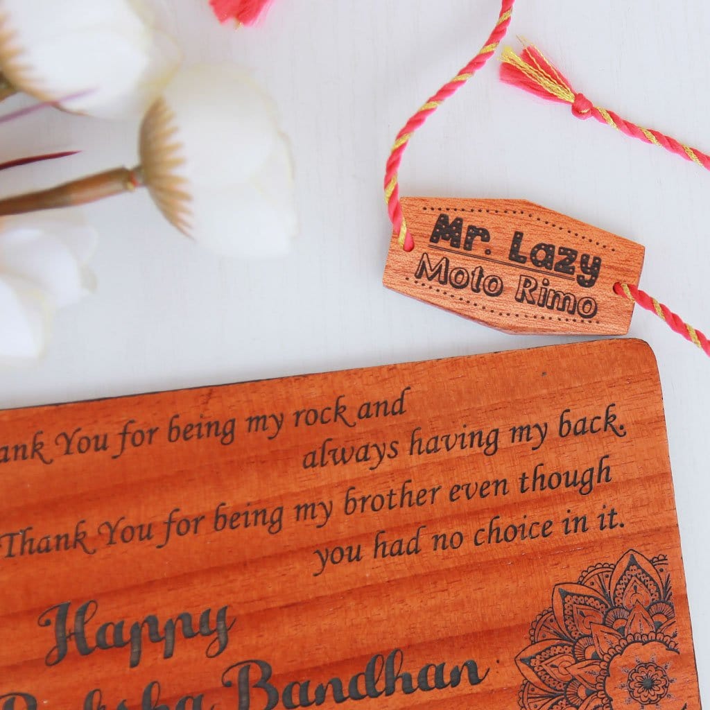 Mr Lazy Personalised Rakhi and Raksha Bandhan Greeting Card. This Wooden Rakhi and Wooden Greeting Card Is The Best Rakhi Gift for Lazy Brothers. Looking For Online gifts For Raksha Bandhan? Buy Fancy Rakhis Online And Personalized Rakhi Gifts For Sisters And Brothers From The Woodgeek Store.