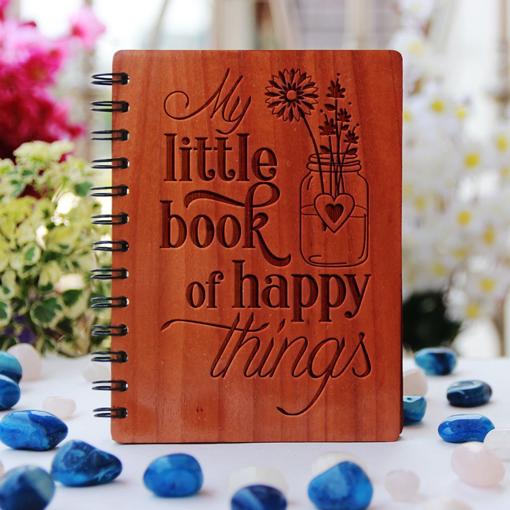 My Little Book of Happy Things Wooden Notebook - Use This Happiness Journal To List The Things That Make You Happy - This Custom Writer&#39;s Diary Makes A Perfect Gift For Friends And Loved Ones - Looking For Inspirational Gifts ? Buy More Wooden Motivational Gift Items Online From The Woodgeek Store.