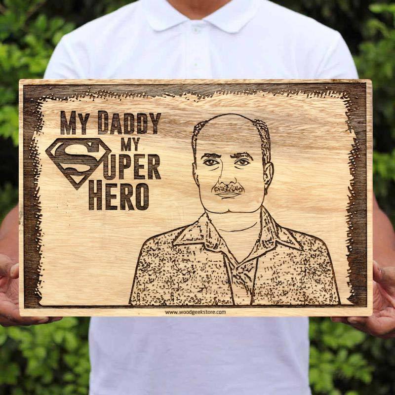 My Superhero My Dad - World&#39;s Best Dad - Wooden Picture Frames - Photo on Wood - Personalized Wood Wall Art - Best Personalized Gifts - Engraved Wooden Photo Frames - Gifts for Dad - Father&#39;s Day Gifts - Woodgeek Store