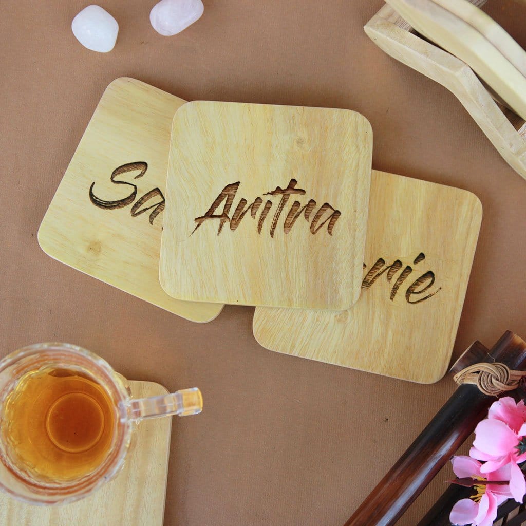 Personalised Name Coasters - Wooden Coaster Set With Holder. Coasters With Names On. These Name Coasters Are Great Home decor Gifts Or Personalized Gifts. Buy Coasters Online At Woodgeek Store.