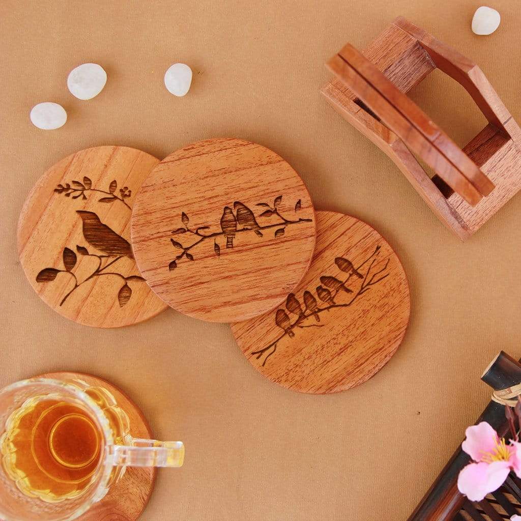 Nature Coaster Set. Wooden Coasters Engraved With Birds Make Great Gifts For Nature Lovers. Wooden Coasters Are Great Home Decor Gifts Or House Warming Gifts.