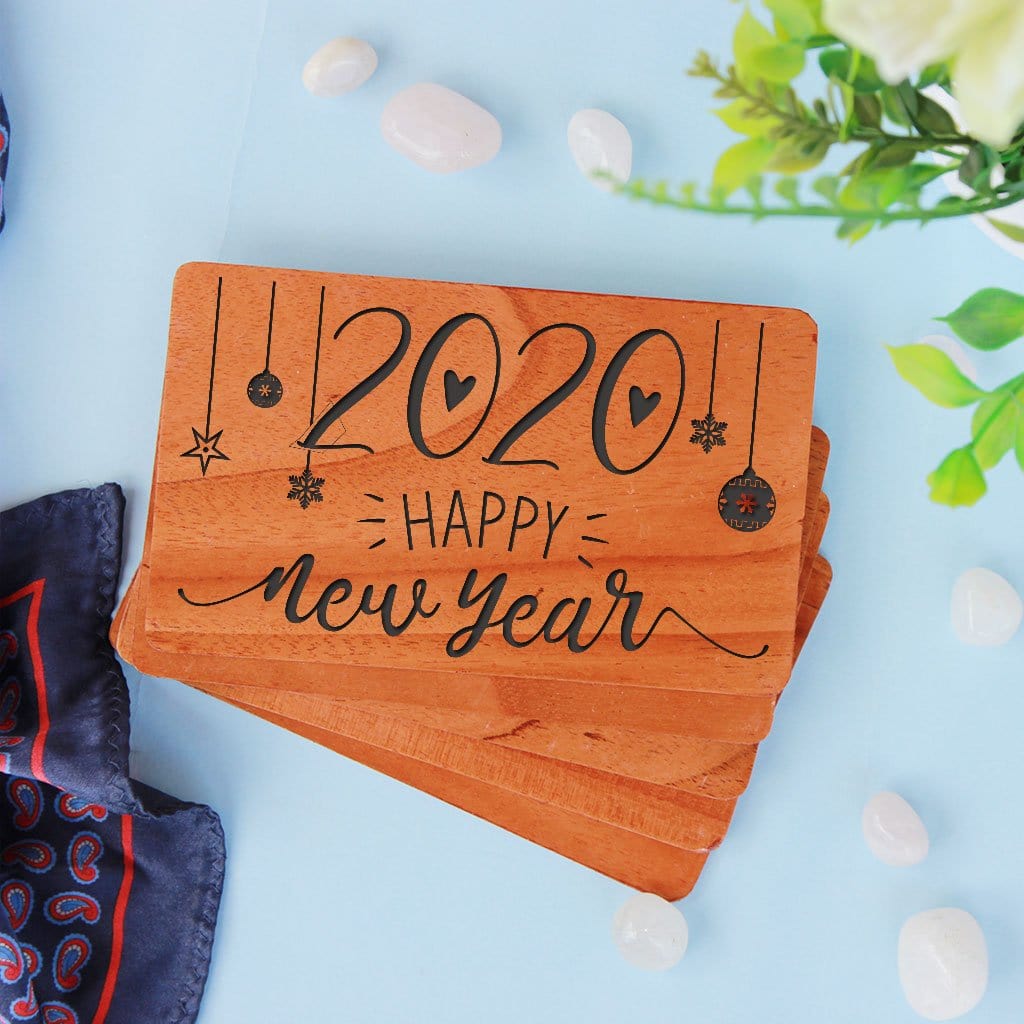 New Year Greeting Card: Set Of Personalized Wooden Cards Engraved With Happy New Year Wishes. New year greeting cards engraved with new year wishes for boyfriend, happy new year wishes for friends and family, new year wishes for husband