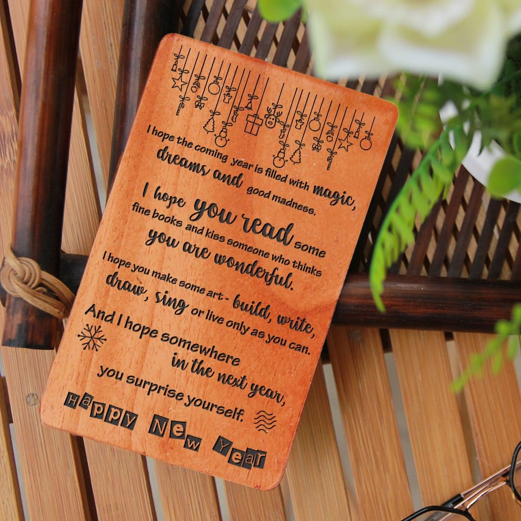 New Year Greeting Card: Set Of Personalized Wooden Cards Engraved With Happy New Year Wishes. New year greeting cards engraved with new year wishes for boyfriend, happy new year wishes for friends and family, new year wishes for husband