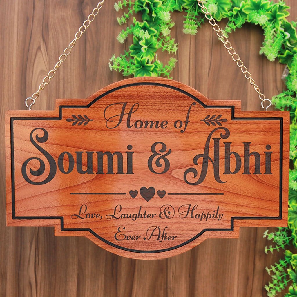 Wooden Name Signs For Couples - Personalized Home Sign for Couples - Hanging Wooden Sign - Love, Laughter & Happily Ever After - House Name Plate - House Number Plates - Personalised House Signs - Wooden Sign - Woodgeek Store