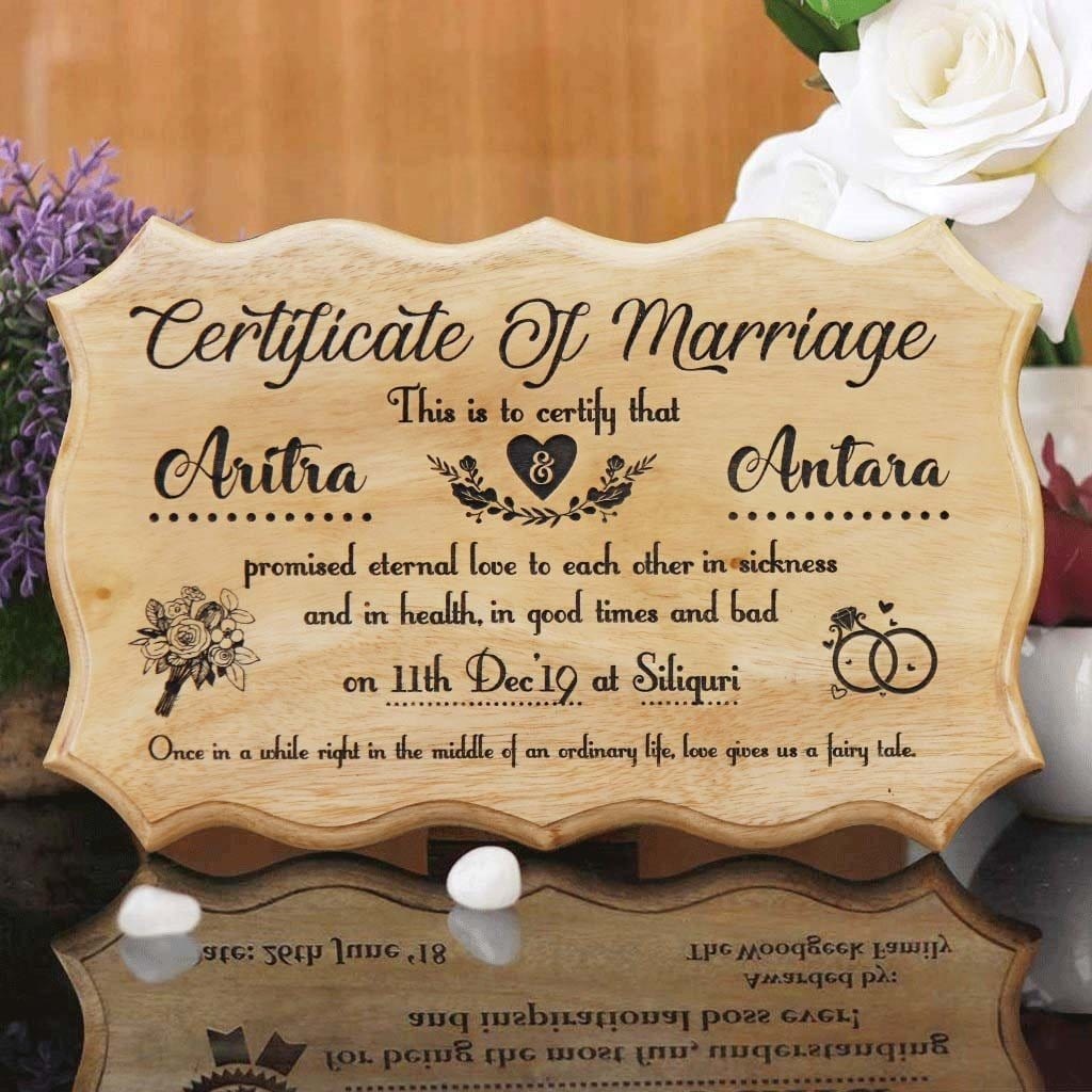 The best marriage gifts would be this personalized marriage certificate. This Custom Certificate Of Marriage makes good wedding gift ideas for bride and groom. This wooden marriage certificate is a great wedding gift for friend. Buy Personalized Wedding Gifts Online From The Woodgeek Store