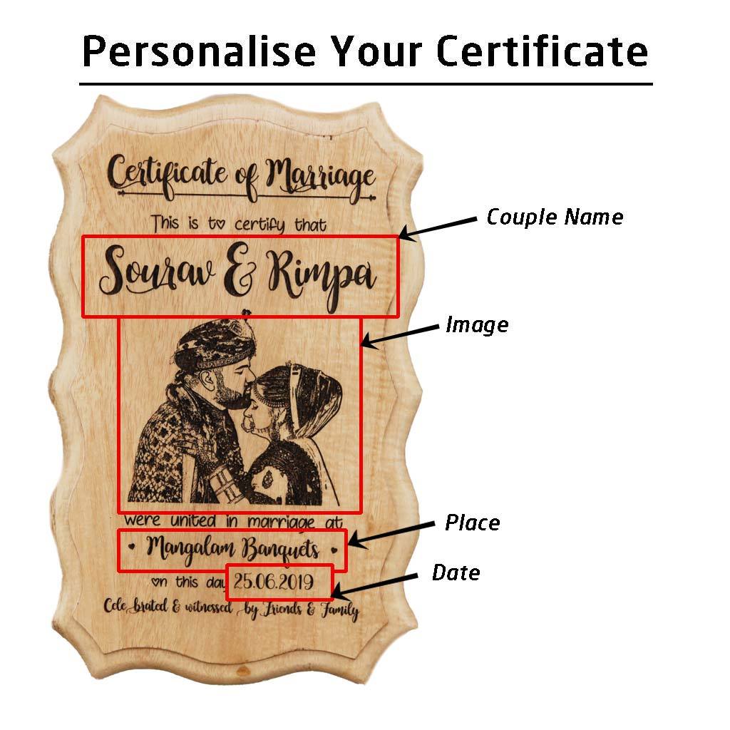 Photo Engraved Wooden Marriage Certificate. This Custom Certificate Of Marriage Makes One Of The Best Romantic Gifts for Husband And Wife.  Buy More Wooden Picture Frame Certificates Online by Woodgeek Store