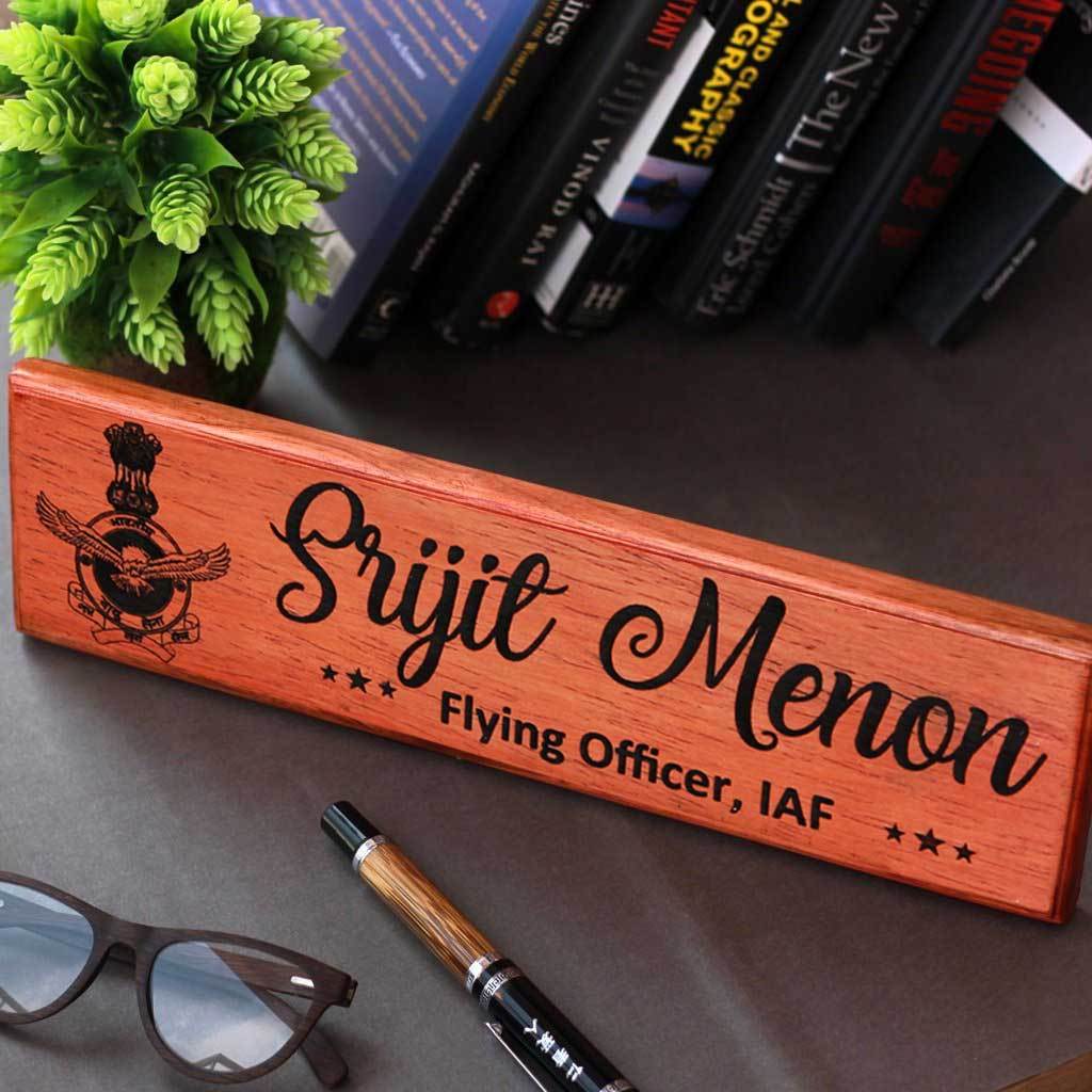 Wooden Name Plates For Air Force Officers. This Name Board Can Be Used As A Desk Name Plate & Door Name Plate. These Custom Name Plates are the best air force gifts, gifts for air force pilots or air force retirement gifts.