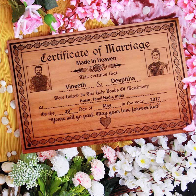 A Photo Engraved Wooden Marriage Certificate Will Make Great Wedding Gifts. This Custom Certificate Of Marriage Is The Best Personalized Wedding Gift. This Is One Of The Best Romantic Gifts for Husband And Wife.  Buy More Wooden Picture Frame Certificates Online by Woodgeek Store
